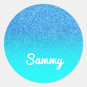 Blauw Glitter en Aqua Ombre Persoonlijk Ronde Sticker