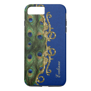 Blauw Glitter Gouden Ornament Pauwveren iPhone 8 Plus / 7 Plus Hoesje