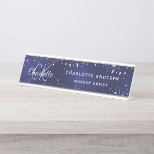Blauw glitter monogram professioneel bureau naambordje