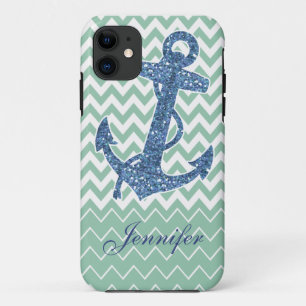 Blauw Glitter Print Anker Zeevaart Mint Groen Hoes