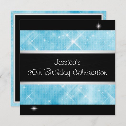 Blauw Glitter Silver Lights Black 30th Birthday Kaart (Voorkant / Achterkant)