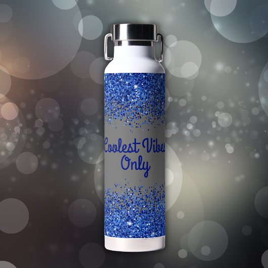 Blauw Glitter & Tekst op Grijs - Coolest Vibes Onl Waterfles