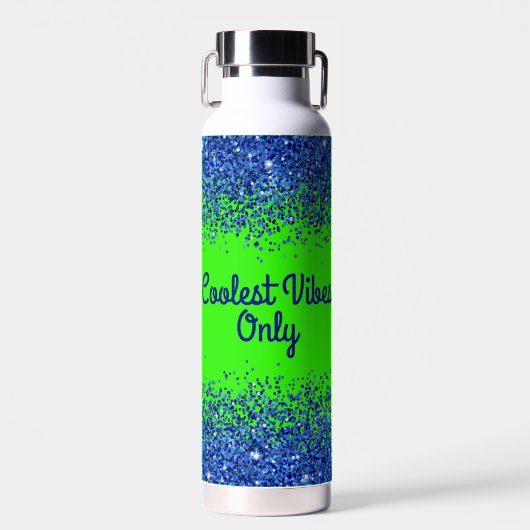 Blauw Glitter & Tekst op Groen- alleen Coolste Vib Waterfles (Voorkant)