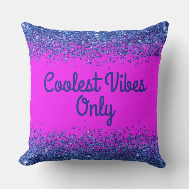 Blauw Glitter & Tekst op Roze - Coolest Vibes Only Buitenkussen (Voorkant)
