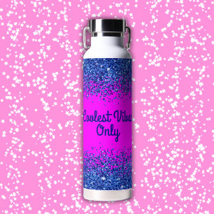 Blauw Glitter & Tekst op Roze - Coolest Vibes Only Waterfles