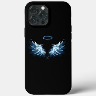 Blauw gloeiende engelenvleugels op zwarte achtergr iPhone 13 pro max hoesje