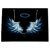 Blauw gloeiende engelenvleugels op zwarte achtergr groot cadeauzakje (Voorkant)