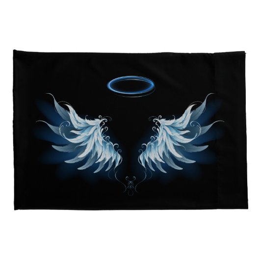 Blauw gloeiende engelenvleugels op zwarte achtergr kussensloop (Achterkant-Rechts)
