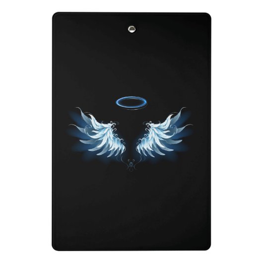 Blauw gloeiende engelenvleugels op zwarte achtergr mini klembord (Achterkant)