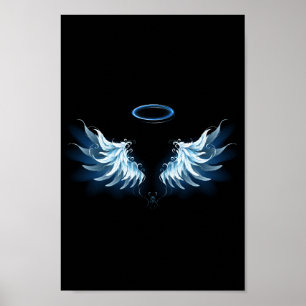Blauw gloeiende engelenvleugels op zwarte achtergr poster