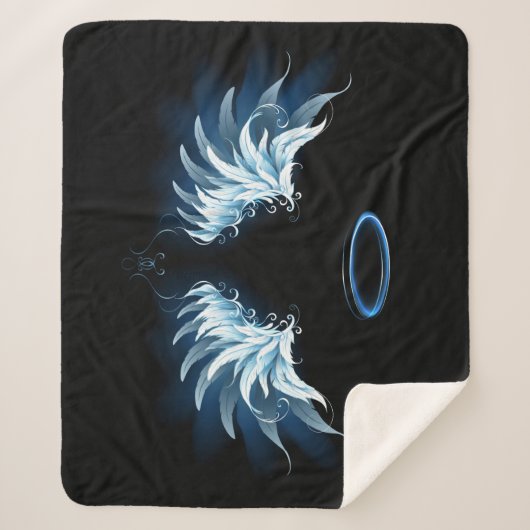 Blauw gloeiende engelenvleugels op zwarte achtergr sherpa deken (Voorkant)