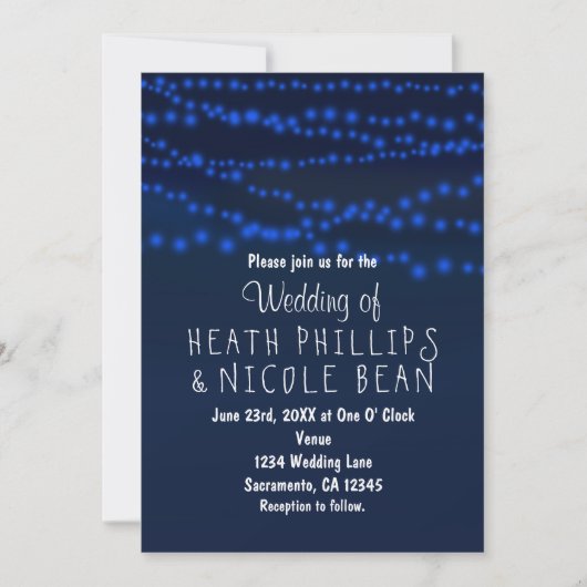 Blauw Glowing String Lights Huwelijksuitnodigingen Kaart (Voorkant)
