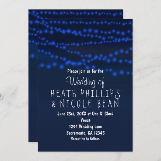 Blauw Glowing String Lights Huwelijksuitnodigingen Kaart (Voorkant / Achterkant)
