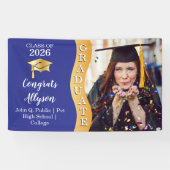 Blauw | Gold Congrats Afstuderen Wave Photo Spandoek (Horizontaal)