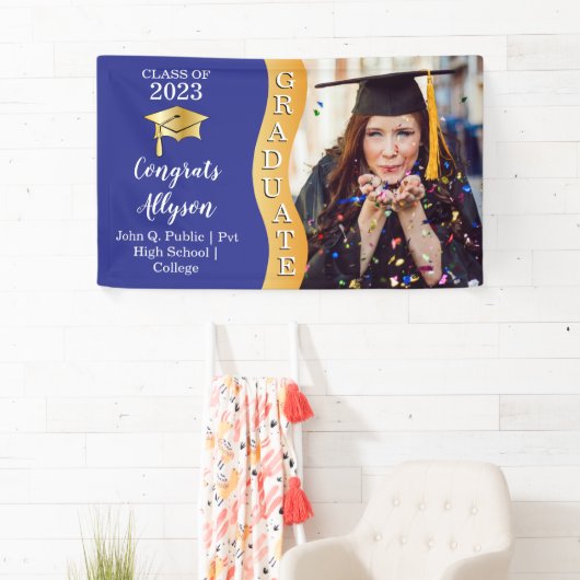 Blauw | Gold Congrats Afstuderen Wave Photo Spandoek (Insitu)