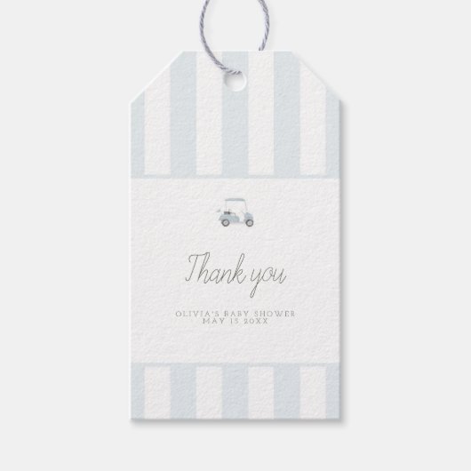 Blauw golfkarretje rechthoekig gunsttag cadeaulabel (Voorkant)