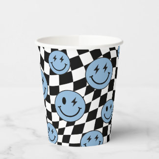 Blauw golfpatroon geruit retro preppy glimlach ver papieren bekers