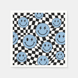 Blauw golvend geruit retro preppy glimlach verjaar servet