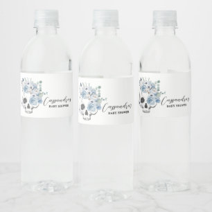 Blauw gotische bloemenschedel babyshower waterfles etiket