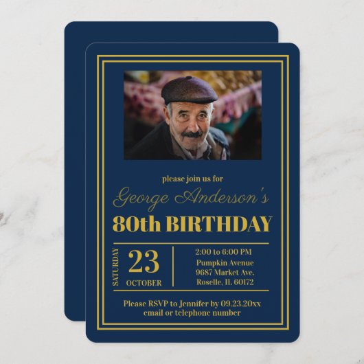 Blauw Goud 80ste Verjaardagsfeest Kaart (Voorkant / Achterkant)