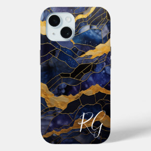 Blauw Goud Abstract Marmeren Monogram Initialen