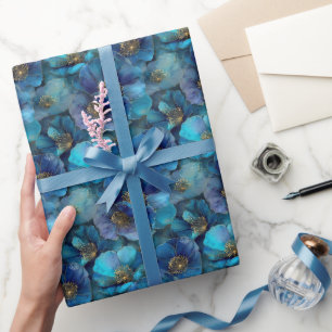 Blauw Goud Abstract Waterverf Bloemen Cadeaupapier