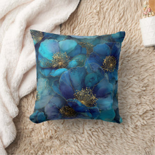 Blauw Goud Abstract Waterverf Bloemen Kussen
