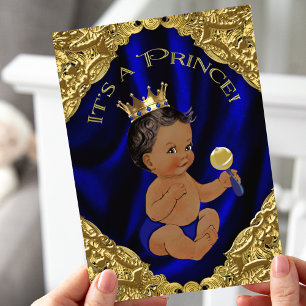 Blauw Goud Afro-Amerikaanse Prins Baby Shower Kaart