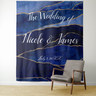 Blauw & Goud Agate Modern Glam Minimaal Bruiloftst Wandkleed