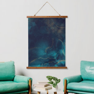 Blauw Goud Alcohol Ink Art Deep Blue Ocean Hangend Wandkleed