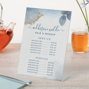 Blauw Goud Aquarel Botanische Service Prijsmenu Reclamebord Met Voetstuk