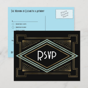 Blauw & Goud Art Deco Gatsby-Geïnspireerd Huwelijk Briefkaart