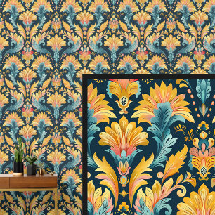 Blauw Goud Art Nouveau Behang