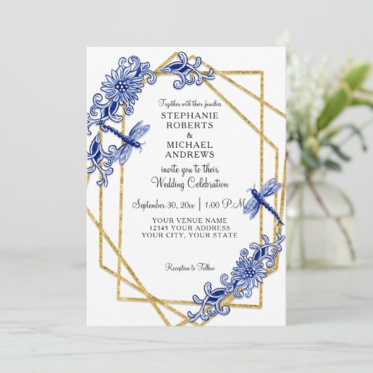 Blauw Goud Aziatische Dragonfly China Bloemen Wate Kaart (Staand voorkant)