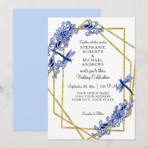 Blauw Goud Aziatische Dragonfly China Bloemen Wate Kaart