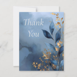 Blauw & Goud Bladeren op Waterverf Bedankkaart Briefkaart