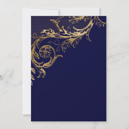  Blauw Goud Bloemen Damast Script Bruiloft Kaart (Achterkant)