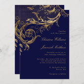 Blauw Goud Bloemen Damast Script Bruiloft Kaart (Voorkant / Achterkant)