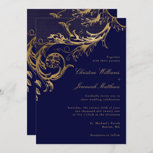  Blauw Goud Bloemen Damast Script Bruiloft Kaart (Voorkant / Achterkant)