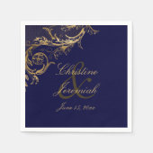 Blauw Goud Bloemen Damast Script Bruiloft Servet (Voorkant)