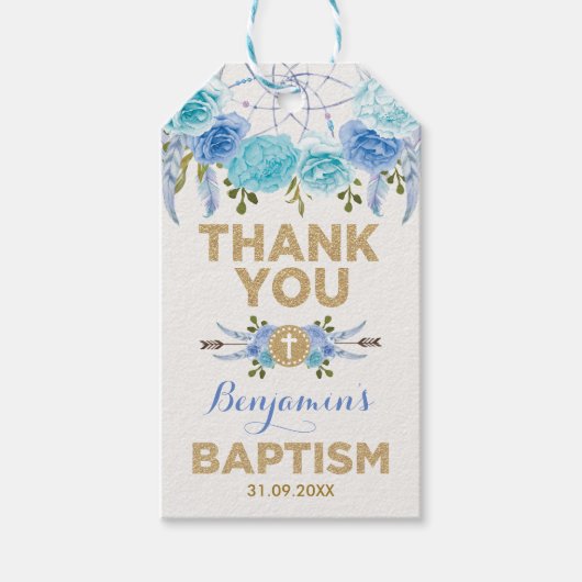 Blauw Goud Bloemen Dreamcatcher Doop Doop Cadeaulabel (Voorkant)