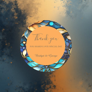 Blauw & Goud Bloemen Glas in lood Elegante bruilof Ronde Sticker