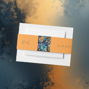Blauw & Goud Bloemen Glas in lood Elegante bruilof Uitnodigingen Wikkel