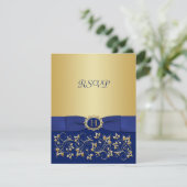Blauw, Goud Bloemen Scroll Bruiloft Antwoord Kaart (Staand voorkant)
