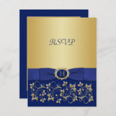 Blauw, Goud Bloemen Scroll Bruiloft Antwoord Kaart (Voorkant / Achterkant)