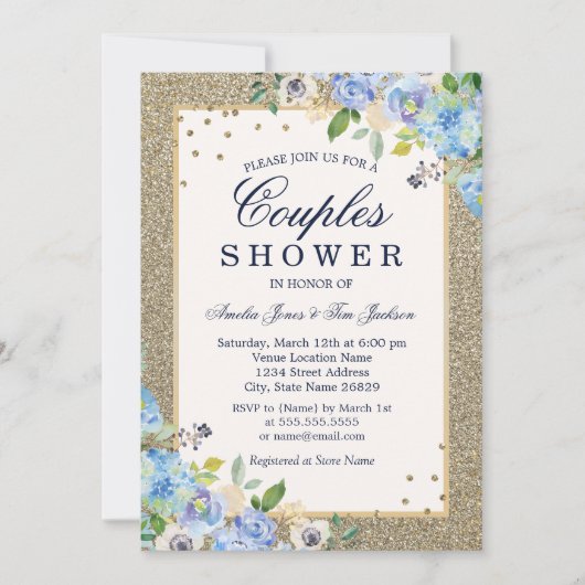 Blauw Goud Bloemen Sparkle Koppels Douche Kaart (Voorkant)