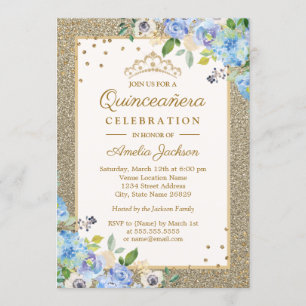 Blauw Goud Bloemen Sparkle Quinceanera Kaart