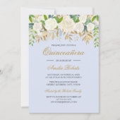 Blauw Goud Bloemenblad Waterverf Quinceanera Kaart