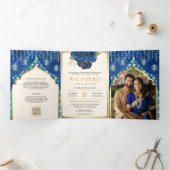 Blauw Goud Bloemengordijn Indische Hindoe Bruiloft Drieluik Uitnodiging (Binnen)