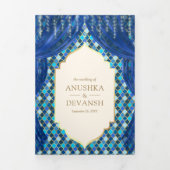 Blauw Goud Bloemengordijn Indische Hindoe Bruiloft Drieluik Uitnodiging (Cover)